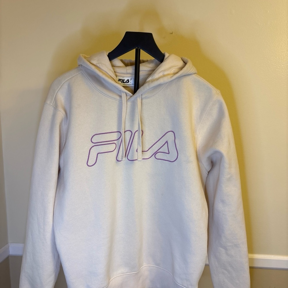 Fila Womens Cream Purple Logo Fleece Lined Pullover Hoodie Sweatshirt Size M